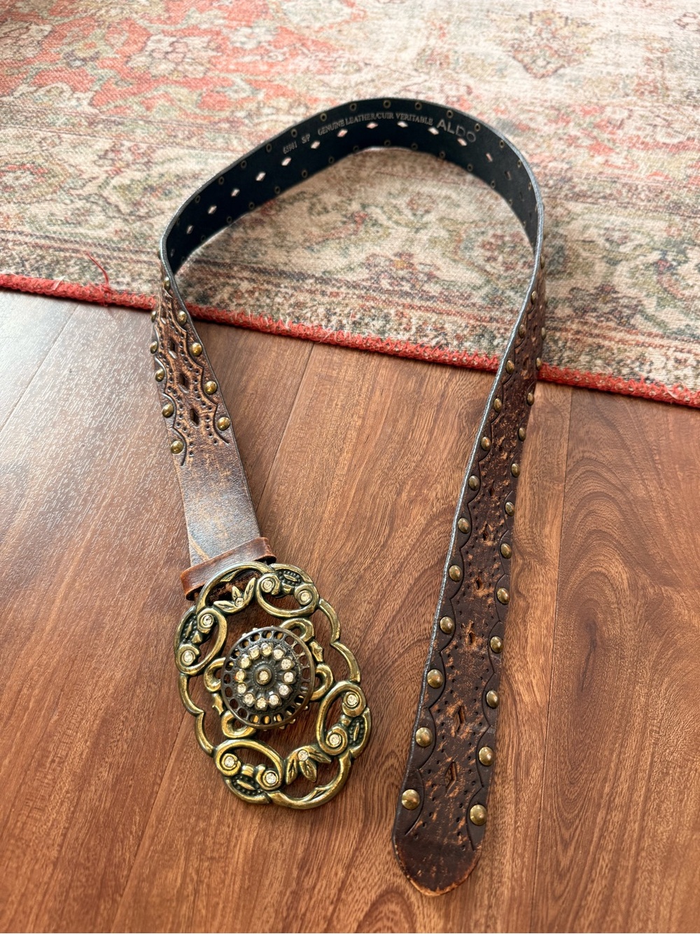 VTG Aldo Brown Leather Belt with Ornate Antique Gold Buckle